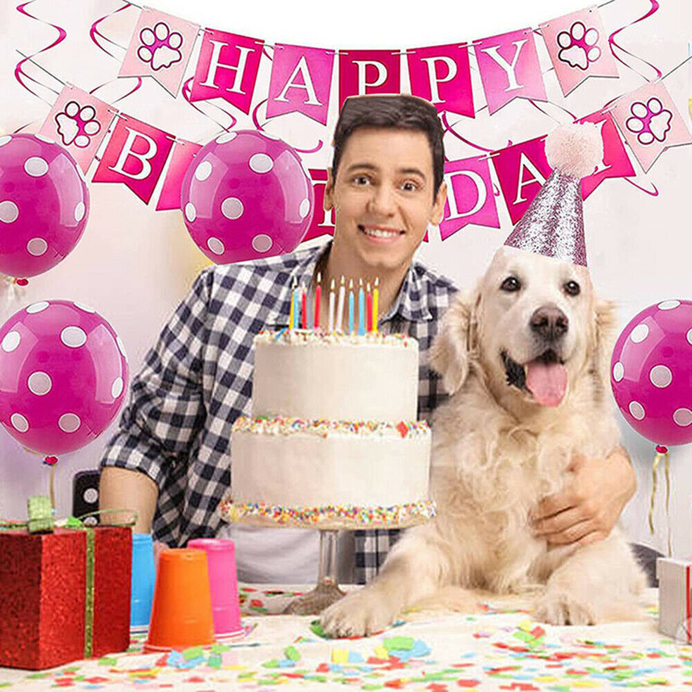 Pet Dog Happy Birthday Party Supplies Pink Themed Balloons Banner Hat Skirt