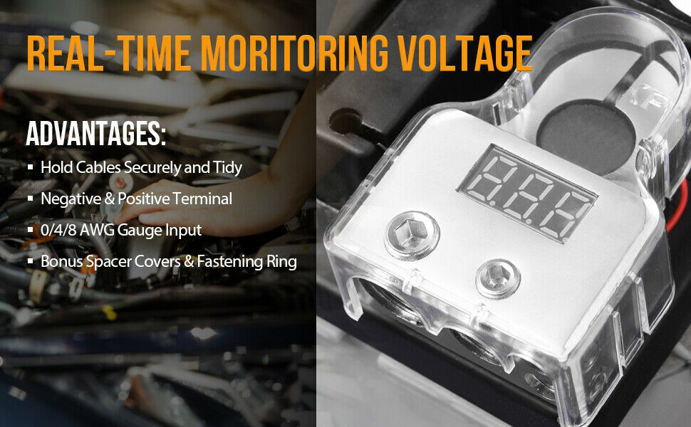2X Digital Car Battery Terminal Connectors LED Voltmeter 0/4/8 Gauge Power Post