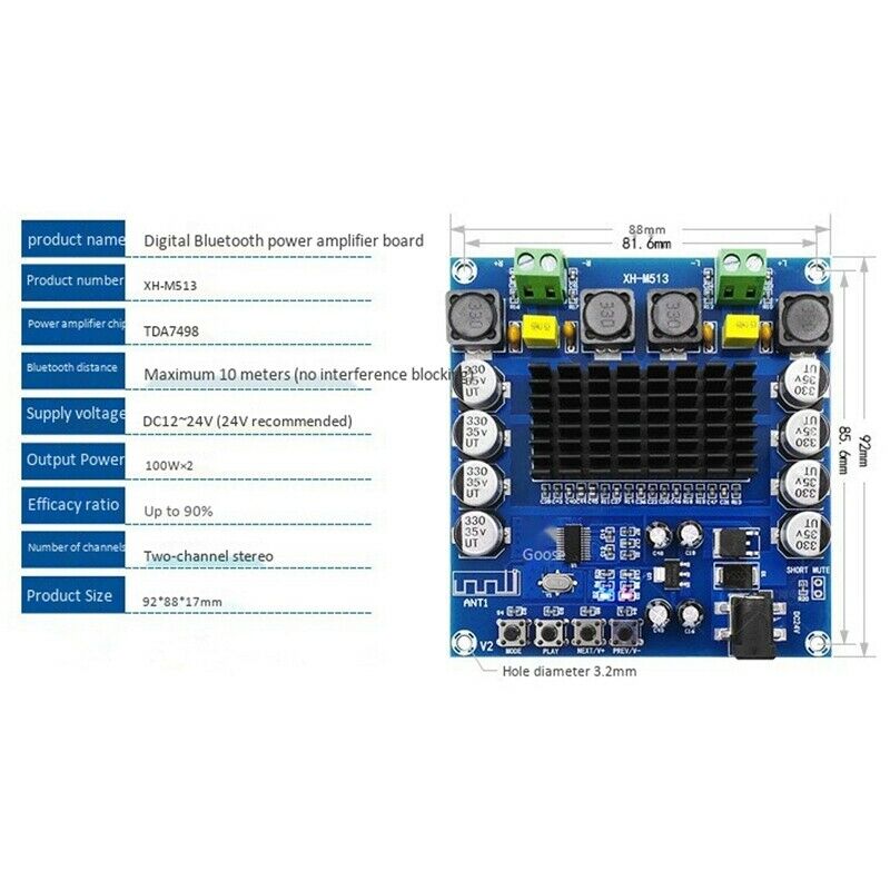XH-M513 TDA7498 Bluetooth Digital Power Amplifier Board, Distance 10 Meters 10O7