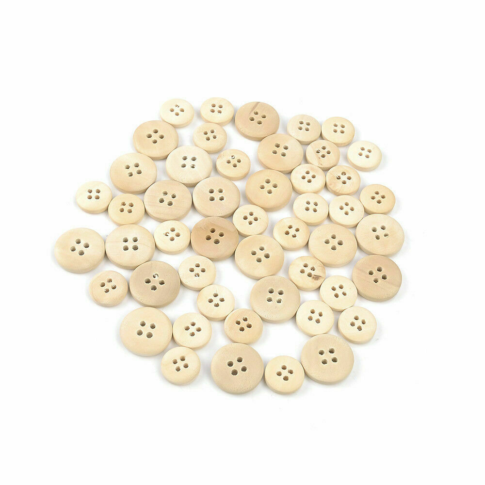 50 Pcs Mixed Wooden Buttons Natural Color Round 4-Holes Sewing Scrapbooking US