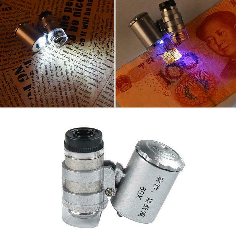 LED Light Mini 60X Magnifier Microscope UV Jeweler Loupe currency Detector HOT