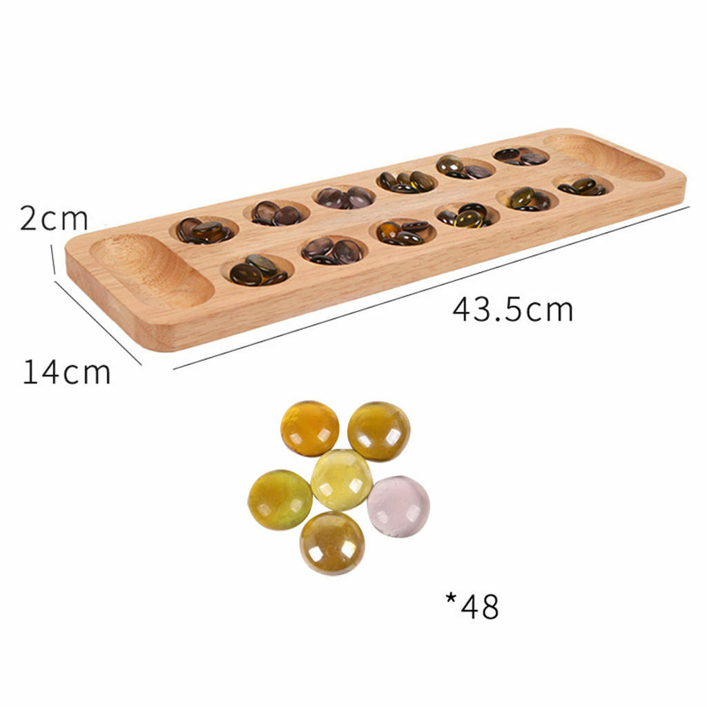 Portable Classic Wooden Mancala Board Game w/ 48 Glass Stones Set Strategy Game