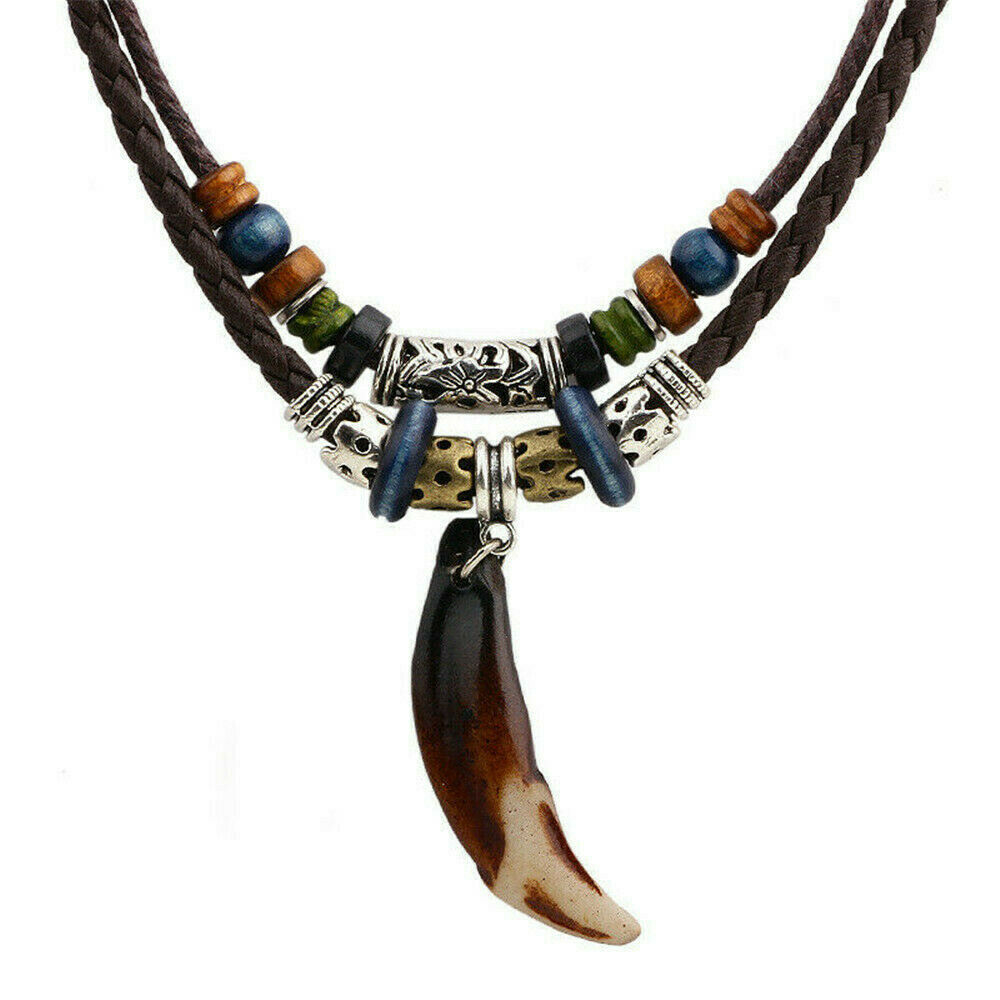 1PC Men's Bohemia Wolf Tooth Pendant Leather Beaded Weaved Necklace Jewelry Punk