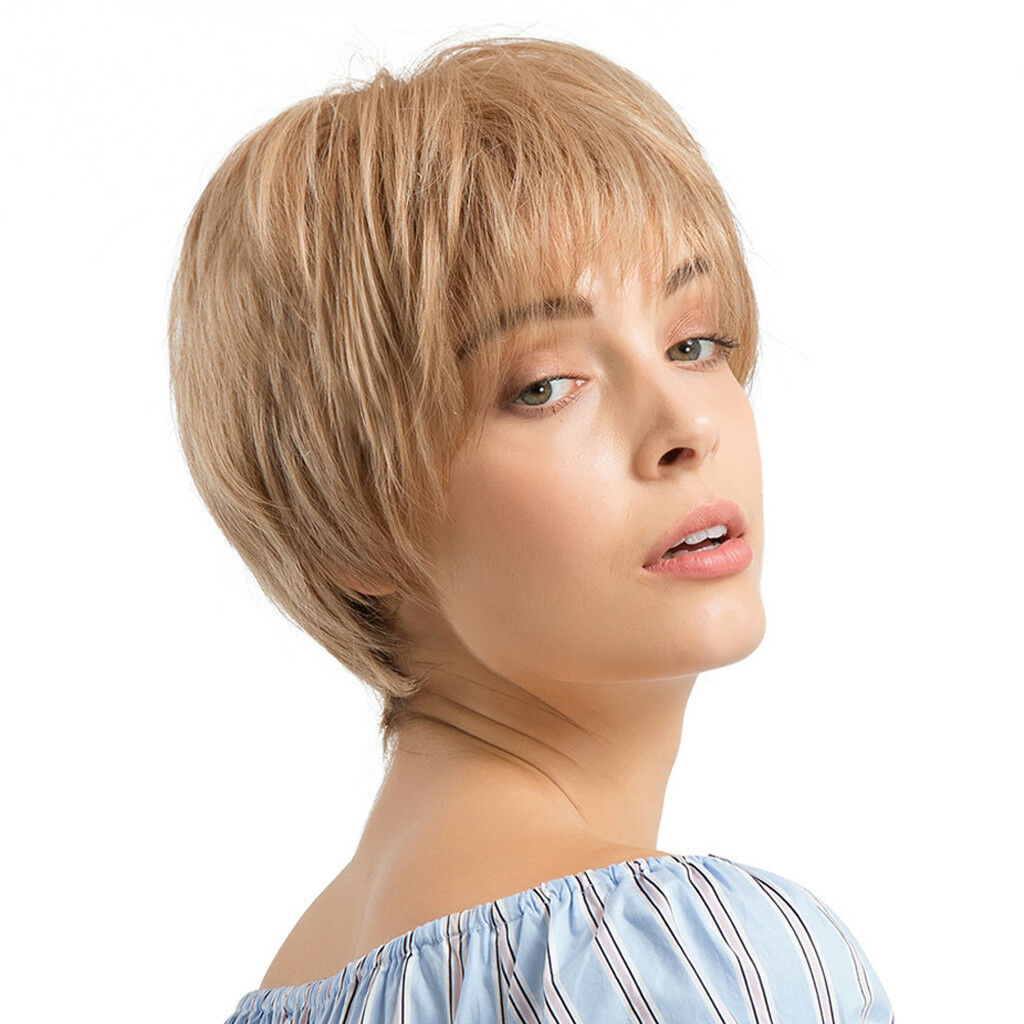 Natural Silky Human Hair Wigs Light Blonde Layered Short Women Wigs Full Wig