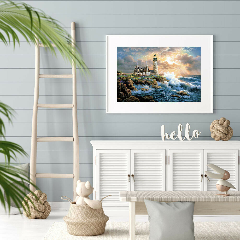 5D DIY Full Drill Diamond Painting Beach Lighthouse Rhinestone Pictures Kit @