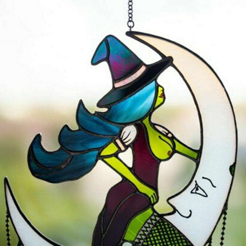 Witch on Moon Decor Stained Suncatcher Window Hangings Outdoor Wall Art Home