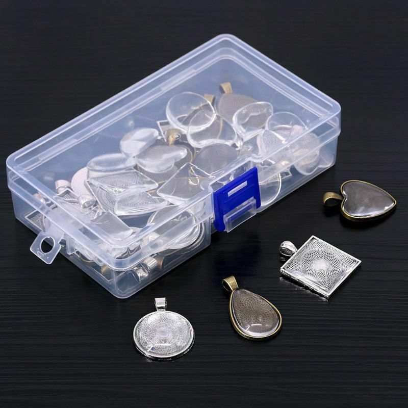 48Pcs DIY Pendant Tray Round Square Heart Teardrop Glass Cabochon Jewelry Making