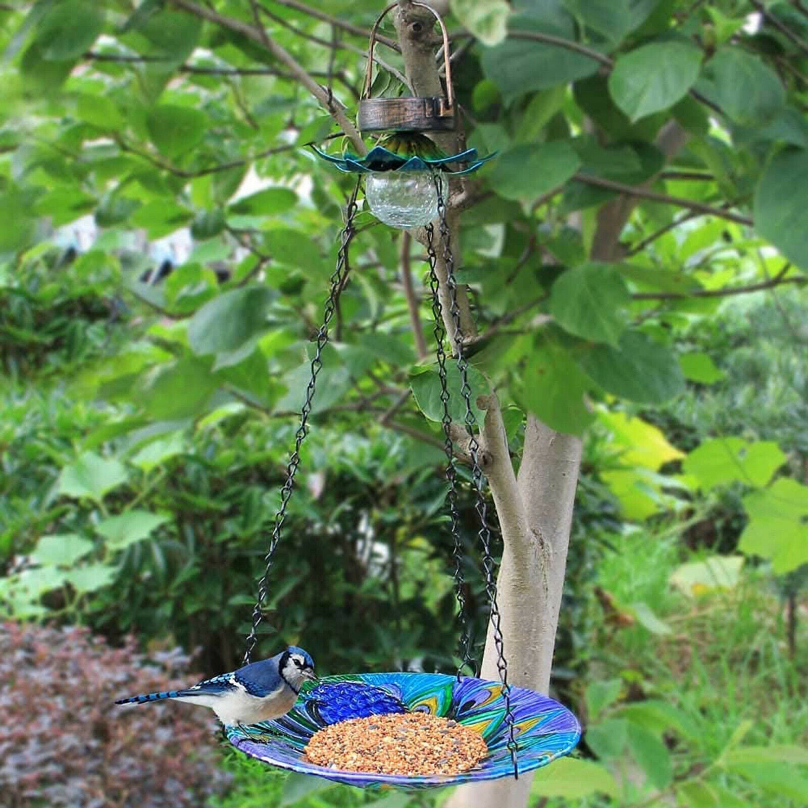 Outside Hanging Solar Bird Feeder Metal Flower Decorative Landscape Lighting