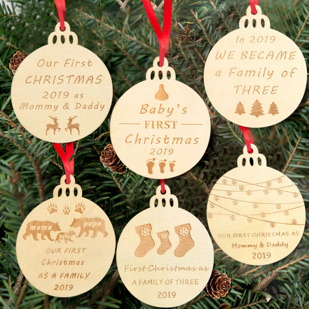 6Pc Wood Christmas Bulb Shaped Wood Pieces Ornaments Hanging Xmas Tree Decor