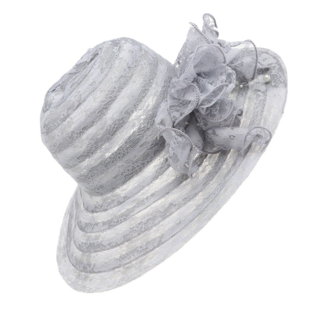 Fashion Women Elegant Lace Flower Derby Sun Hat Party Wedding   gray