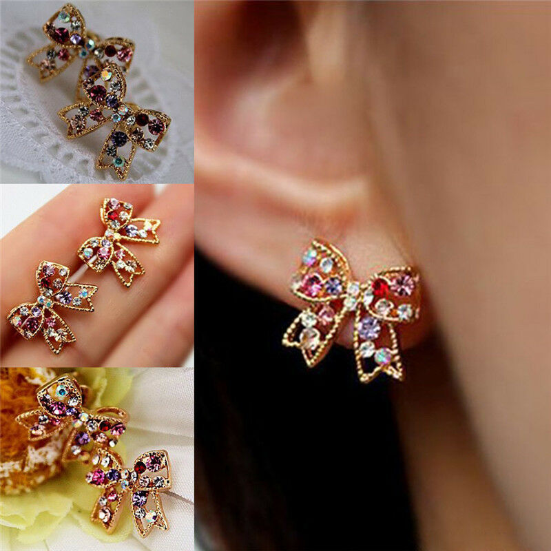 Charming Girl's Colorful Crystal Rhinestone Golden Bowknot Charm Stud Earring LQ