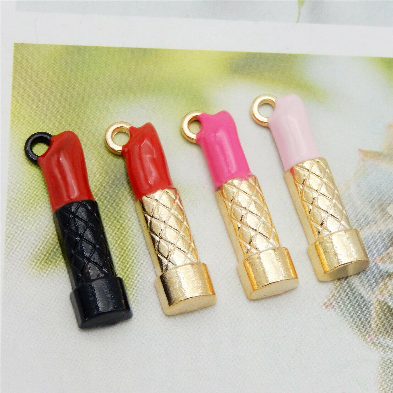 12 pcs Metal Lipstick Charm Enamel Makeup Cosmetic Pendant Crafts Alloy 33*8mm