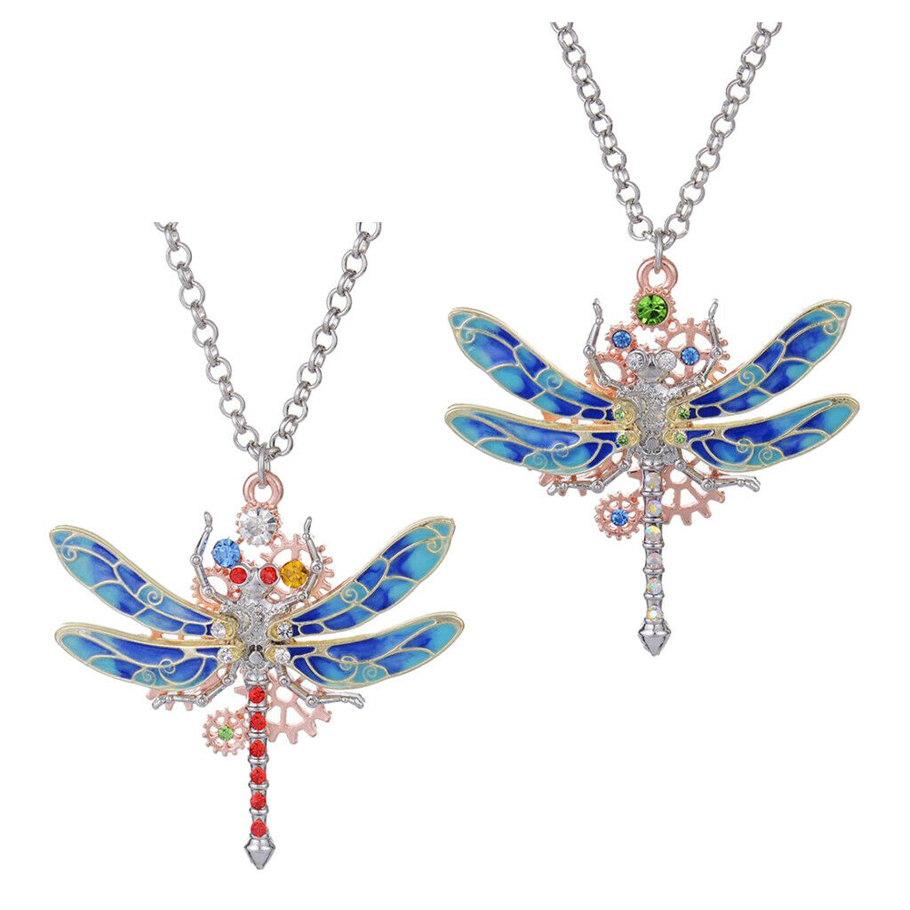 Steampunk Crystal Dragonfly Shaped Gear Pendant Women Gothic Necklace  Red