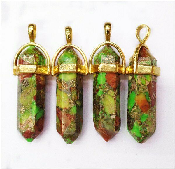 4Pcs 40x8mm Green Sea Sediment Jasper Reiki Healing Six Angle Pendant HH7520