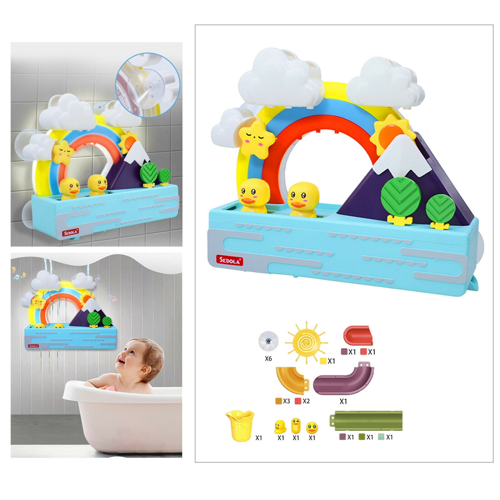 Kids Shining Rainbow Float Duck Toys with Tracks Water Spin Waterfall Games