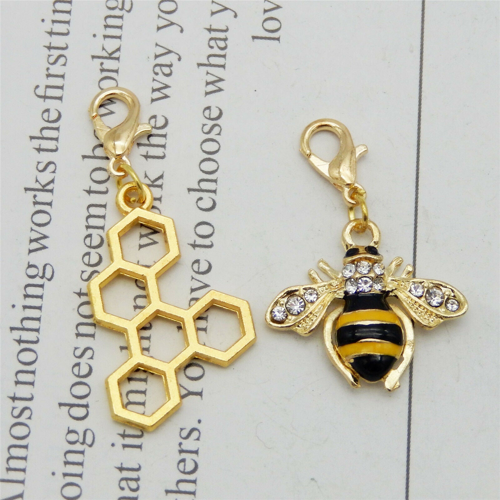12PCS Alloy Honeycomb Enamel Charm Bee Rhinestone Pendant Lobster Clasp Jewelry