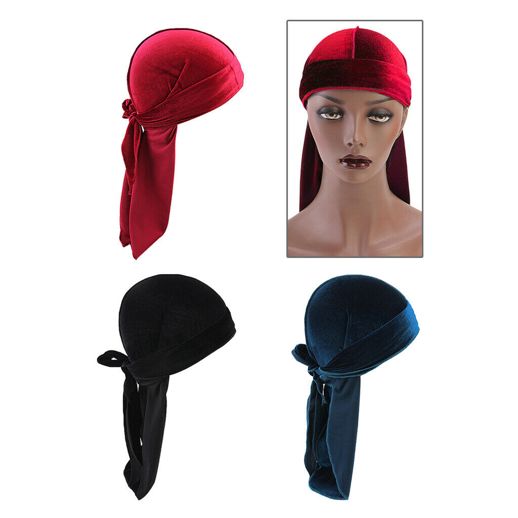 3x Mens Elegant Velvet Bandana Hat Durag Long Tail Muslim Headwrap Beanie