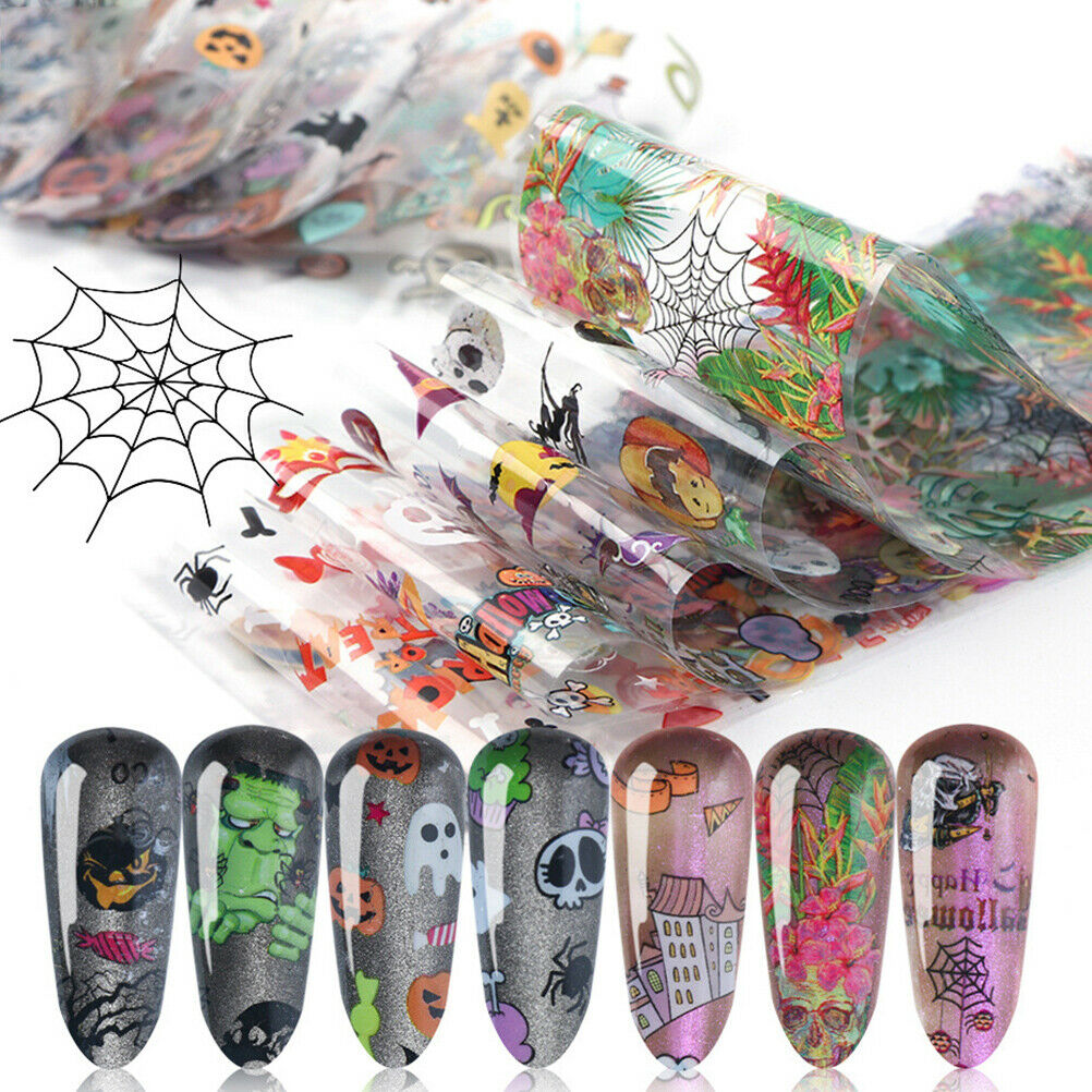10Pcs Halloween Nail Stickers Pumpkin Skeleton Nail Art Stickers Tip Foil Decals