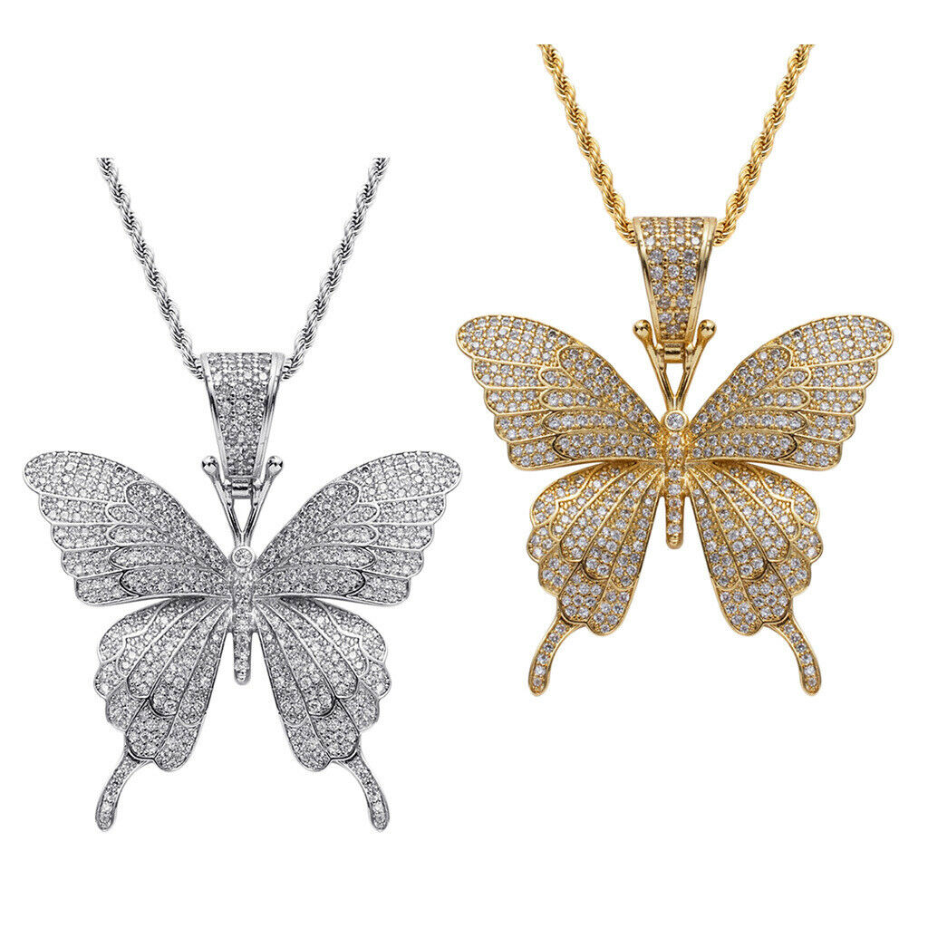 2x Charm Jewelry Zircon Butterfly Pendants Necklace Hip Hop Chain Unisex