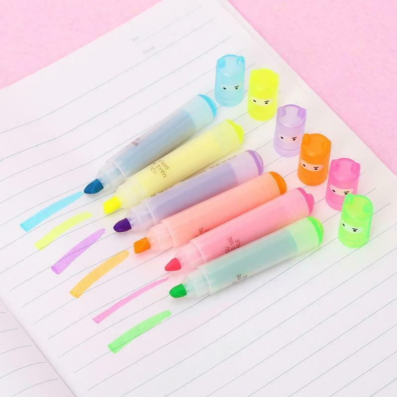 6x Korean Creative Mini Highlighter Lovely Cartoon Marking Pen Office Stationery