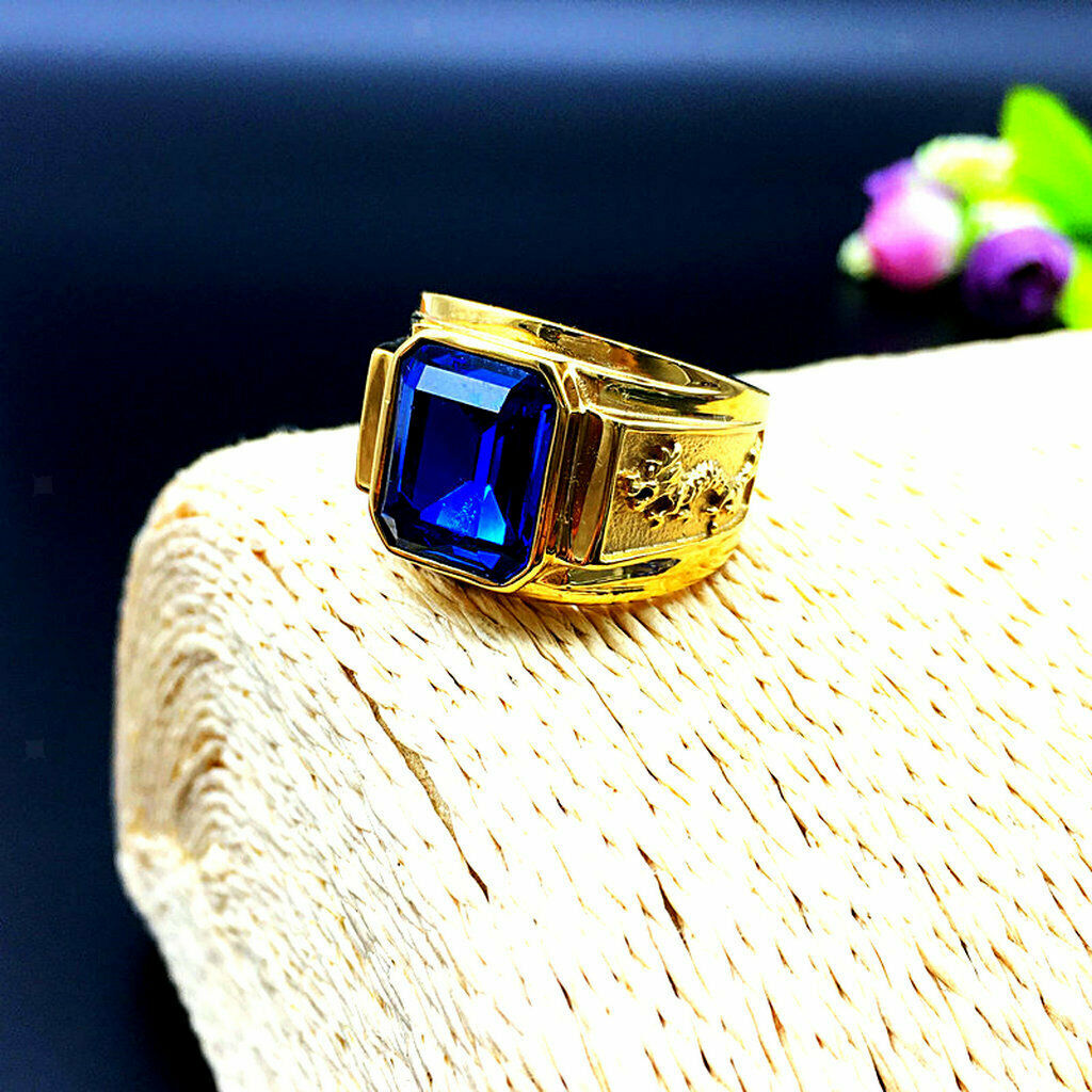 Golden Carved Flying Dragon Stainless Steel Ring with Glitter Blue Gem US9