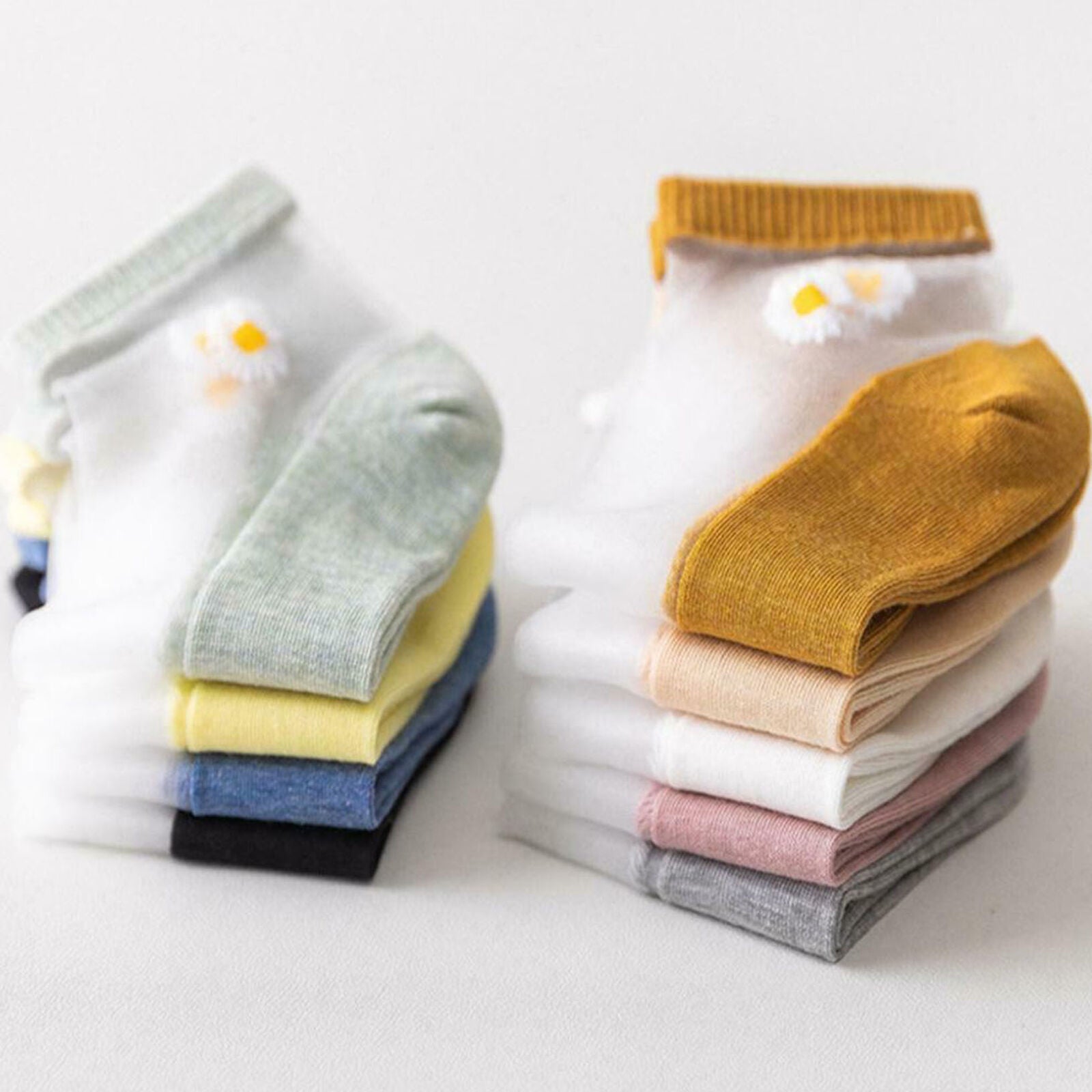 10 Pairs Summer Women Socks Crystal Glass Silk Short Thin Daisy Flower Socks