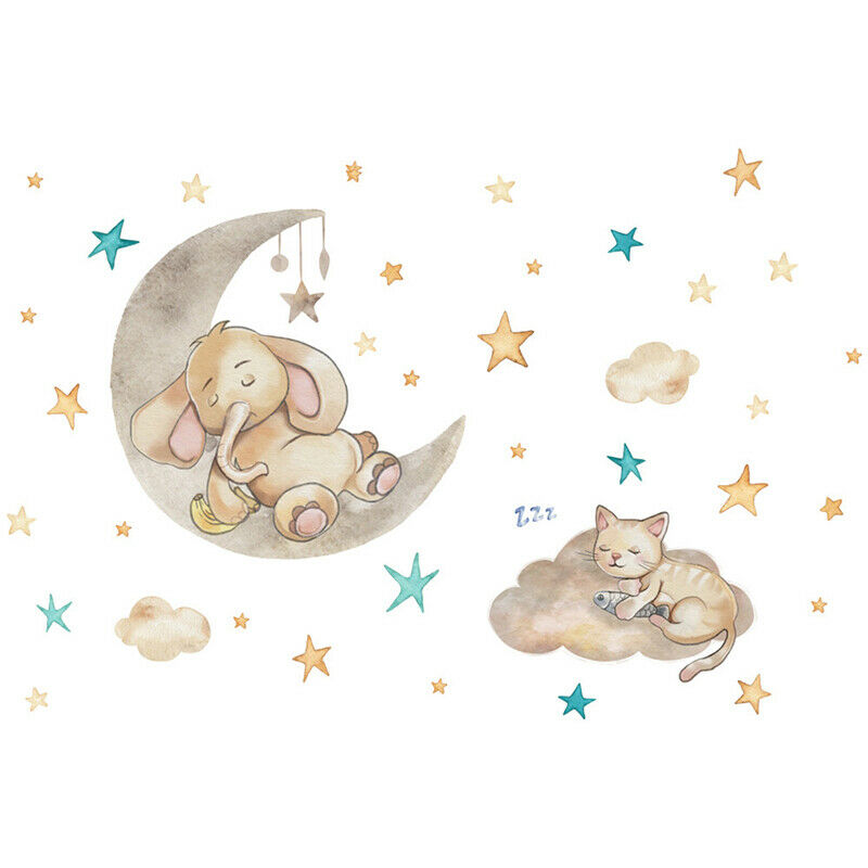 Cartoon Cat Elephant Sleeping On The Moon Wall Stickers For Baby Room Dec.l8