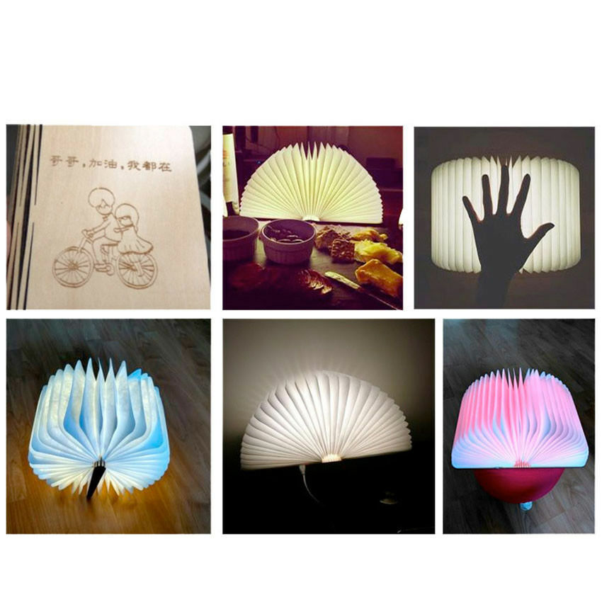 Home Decor Wooden Cover Folding Book LED Lamp USB Rechargeable Desk Night Light