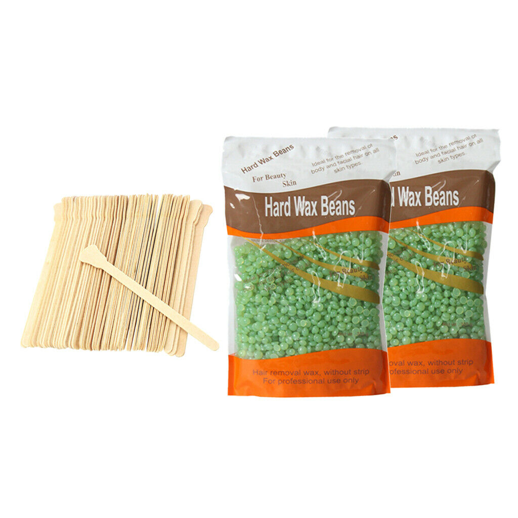 2 Bags Depilatory Hot Hard Wax Beans Body Hair Removal + Wood Sticks Kit
