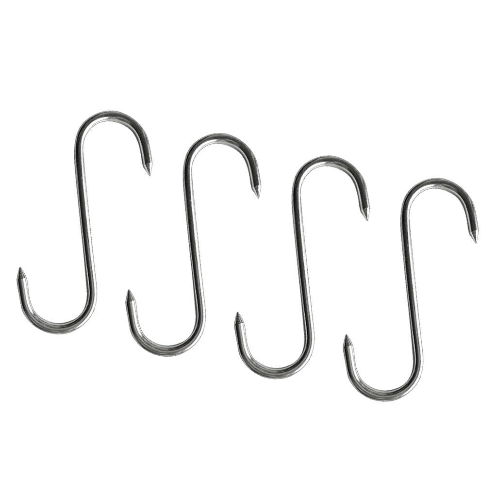 Lot of 4, Large S Shaped Stainless Steel Metal Hooks Kitchen Meat Hanger