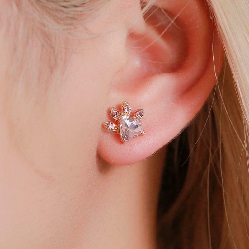 Pink Crystals Cat Paw Earrings Rings Pendant Bracelet Adjustable Pet Cat Jewerly