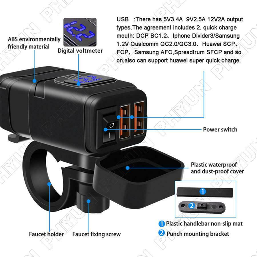 12V Dual USB QC3.0 Fast Charging Motorcycle Universal Phone Charger & Voltmeter