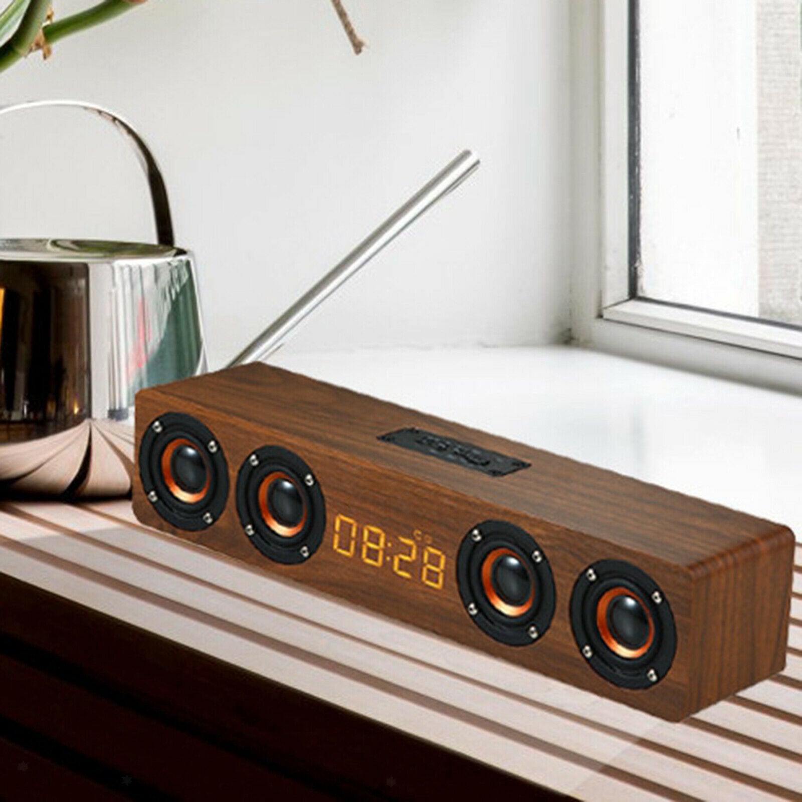 Bluetooth 12w Wooden Soundbar Retro Long Bar 4 Speakers for Home Office English