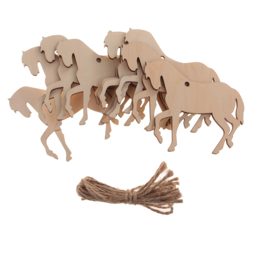 10Pcs MDF Wood Horse Shape Craft Tag Scrapbooking Decor DIY Wood with Ropes