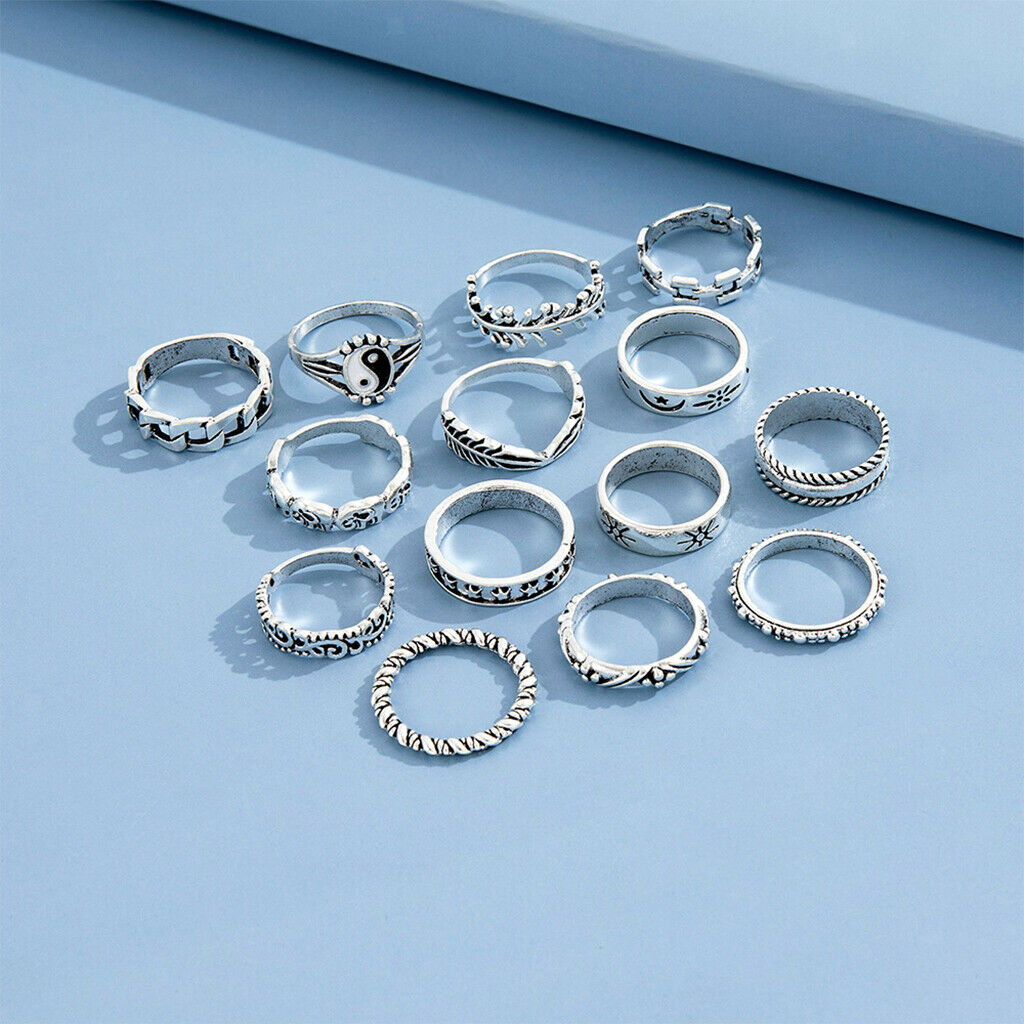 14pcs Boho Retro Alloy Punk Rings for Men Women Girls Tai Chi Rings Fashion