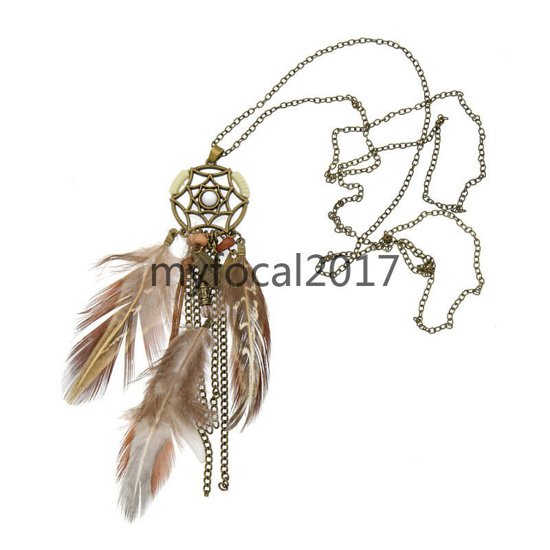 Boho Long Feather Dream Catcher Pendant Necklace Bohemian Women Jewellery Gift