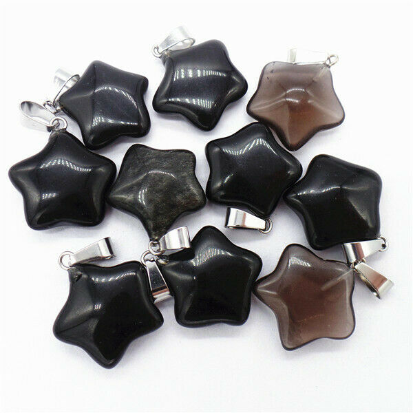 100Pcs 20x7mm Wholesale Black Obsidian Pentagram Star Pendant Bead HH8255