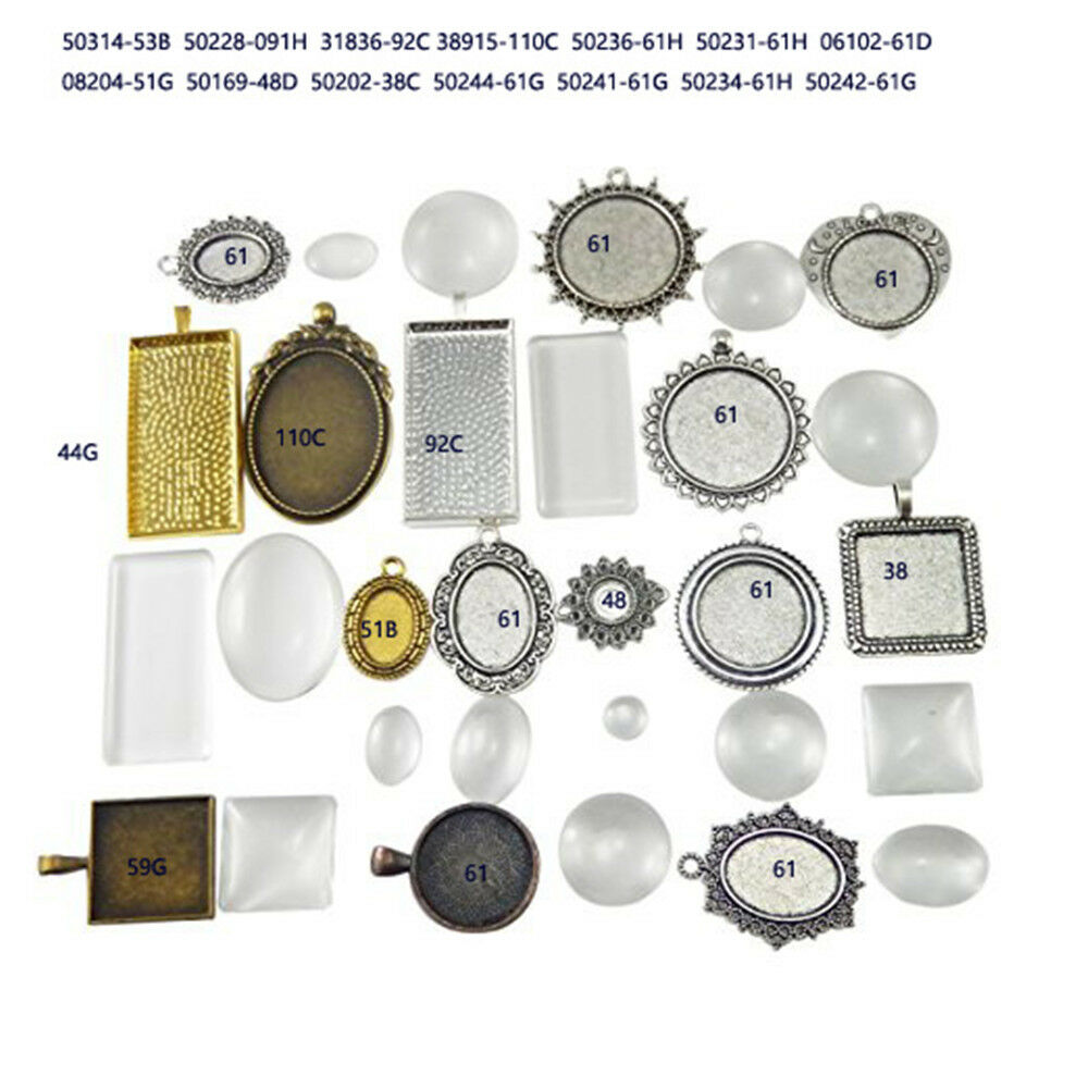 Lot of 15 Assorted Metal Bezels and Glass Cabochons Photo Making Pendants Retro