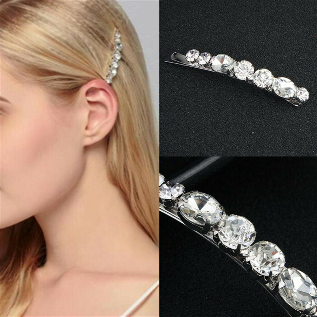 2x Crystal Diamante Barrette Bobby Pins Hair Clips Slides Grip Wedding Headdress