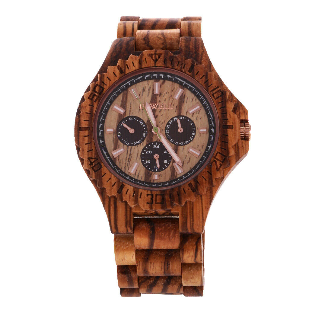 Mens Quartz Watch with Date Day Luminous Hands Lightweight Wooden Wristwatch