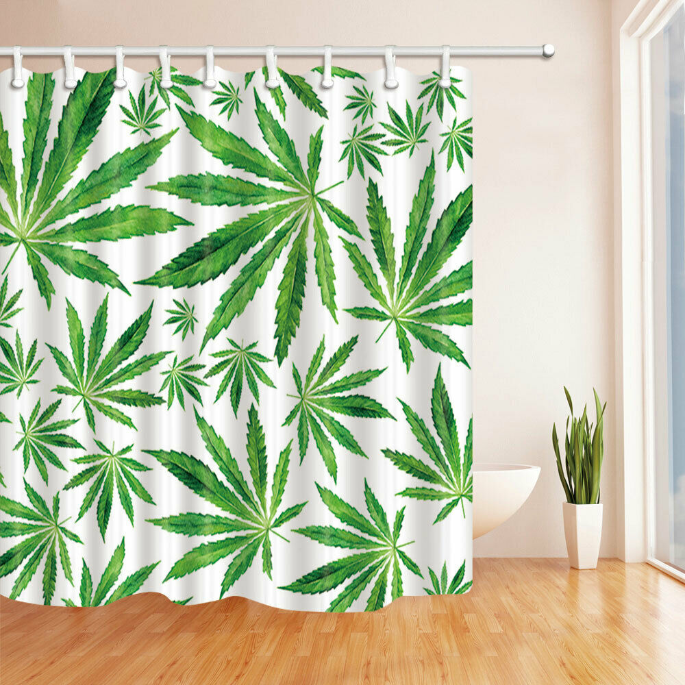 Marijuana Leaf Close-up Fabric Bathroom Shower Curtains & Hooks 71x71"