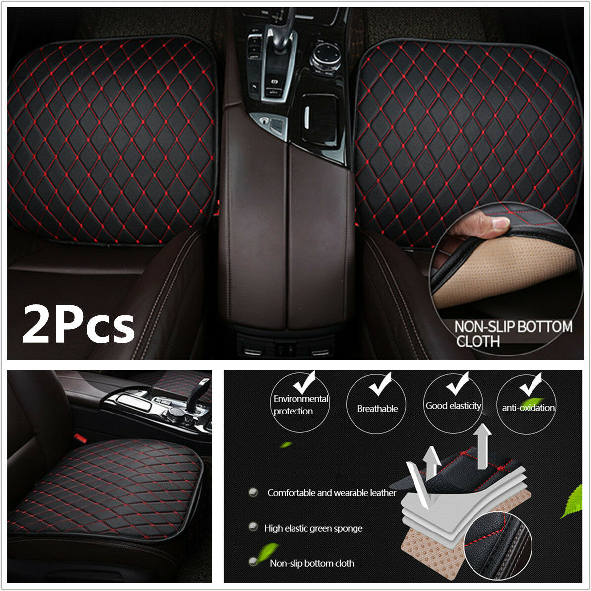 2x Black&Red PU Leather Auto Car Front Seat Cover Cushion Four Seasons Universal