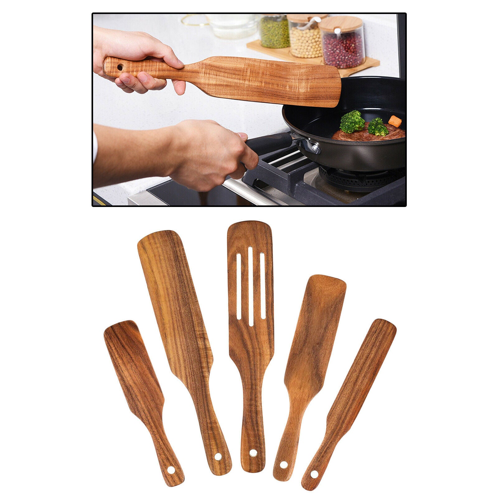 5Pcs Premium Natural Teak Wood Slotted Spatulas Spoons Set Utensils Cooking