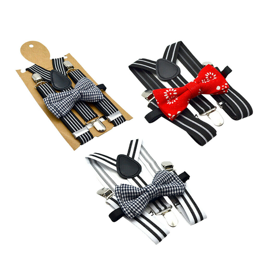 Male Boy Trousers Suspenders w/ Bow-Tie Set 3 Clips Braces Non-slip Straps