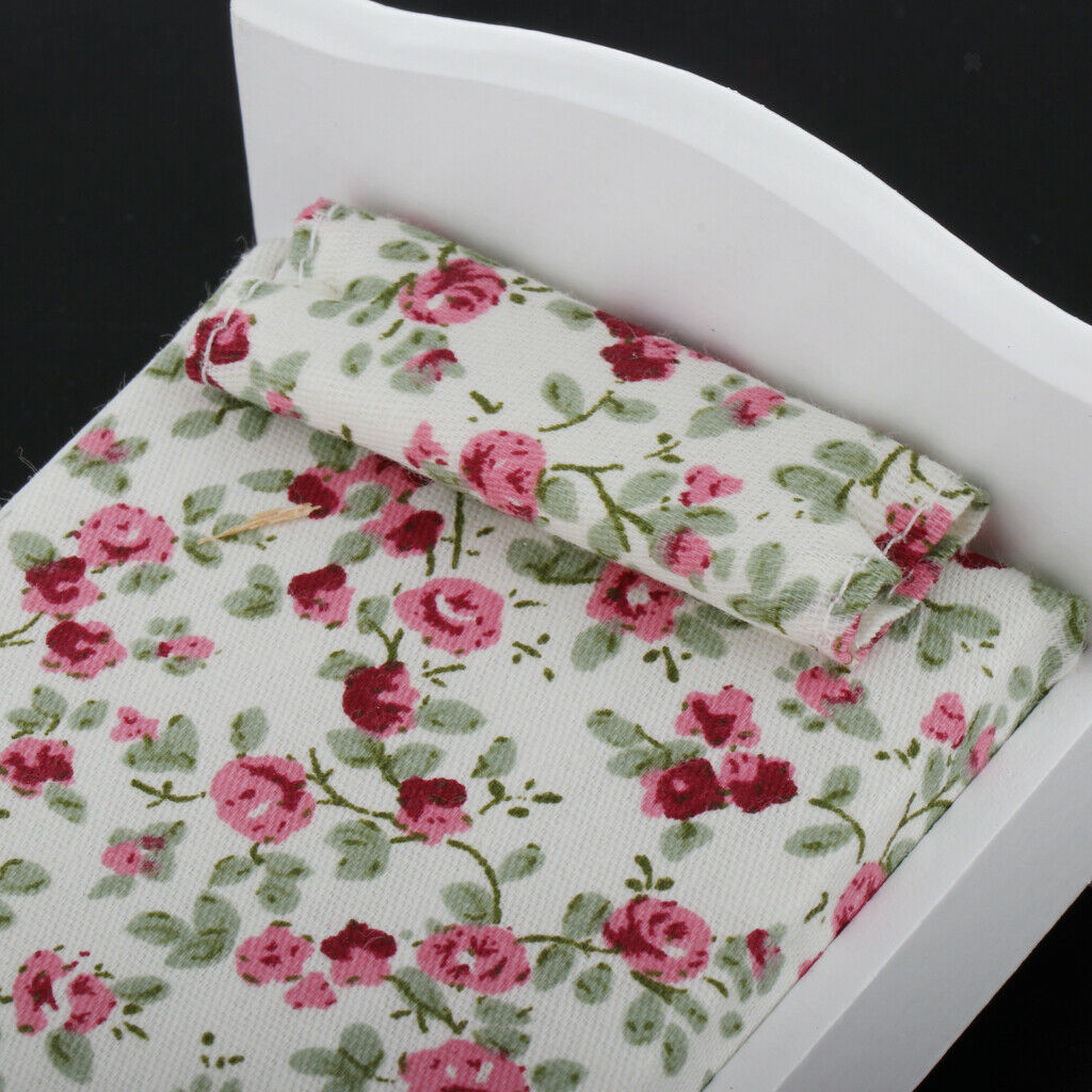 1:12 Scale Single Bed Floral Mattress Bedside Cabinet Furniture Accessory