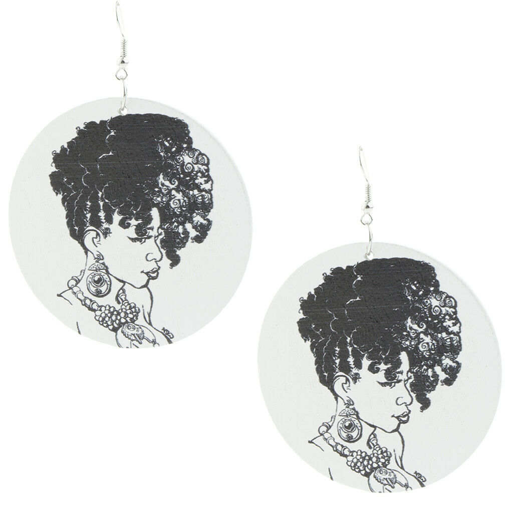 1 Pair African Girl Earrings Wooden Round Tag Hippy Hook Tribe Ear Jewelry E