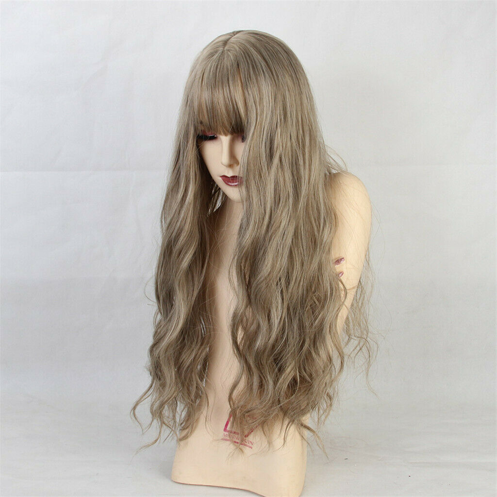 Women Long Wavy Light Brown Wigs with Bangs Heat Resistant Synthetic Fiber