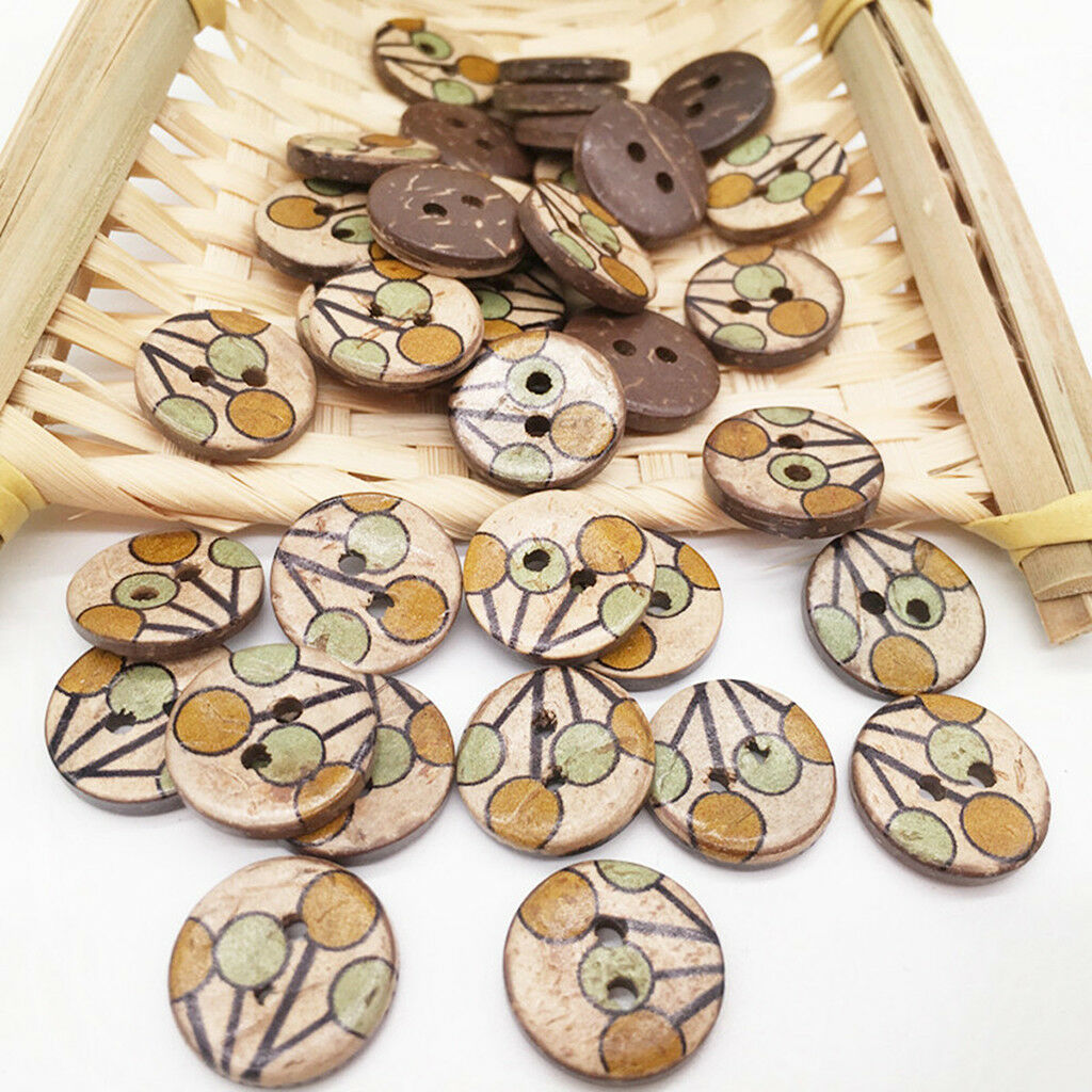 50 x Mixed Random Round Painted Coconut Shell Buttons Sewing Scrapbooking