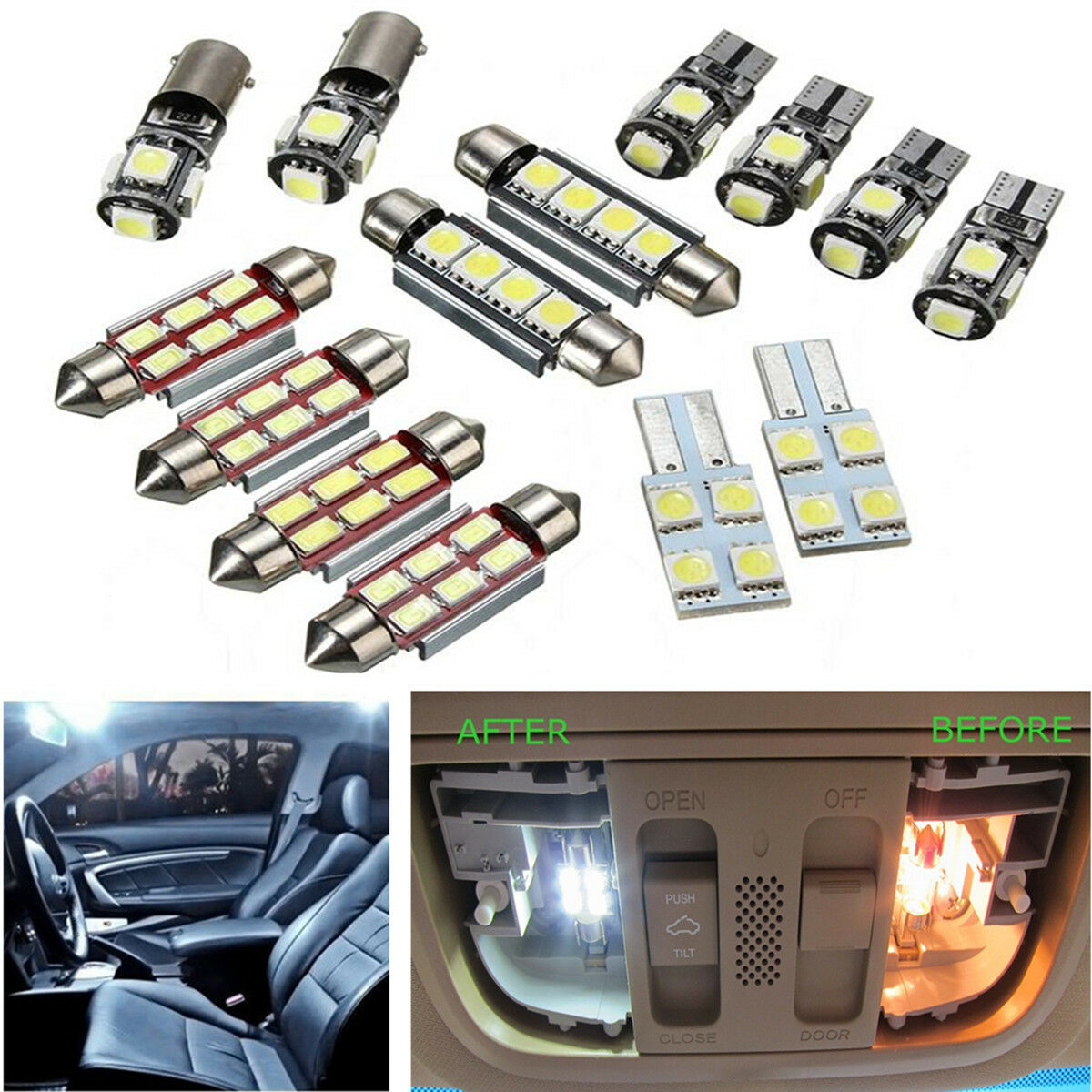 14 Pcs White Car LED Interior & Dome & License Plate Reading Light Festoon Bulb