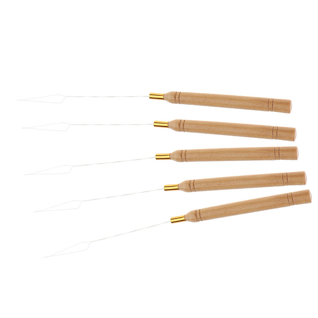 5 Pieces Wooden Handle Hair Extensions Loop Needle Threader Pulling Tool Kit